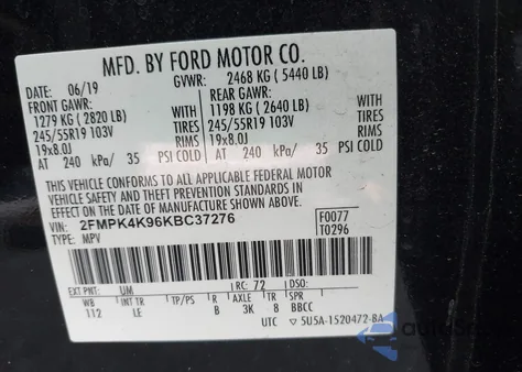 2019 Ford Edge Titanium z USA, uszkodzony, nr VIN 2FMPK4K96KBC37276